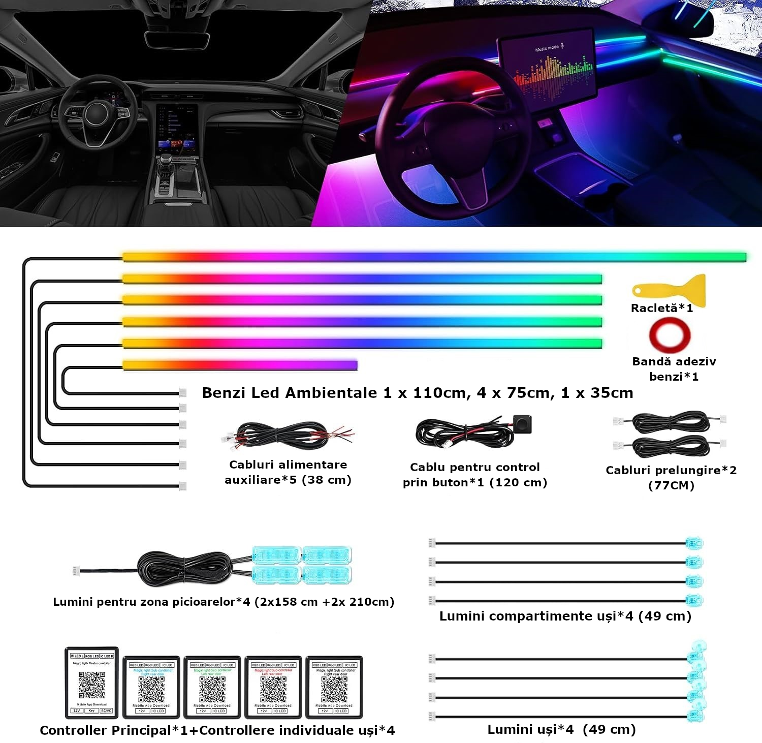 Kit Lumini Ambientale 18 In 1 RGB Dinamice, Control Bluetooth