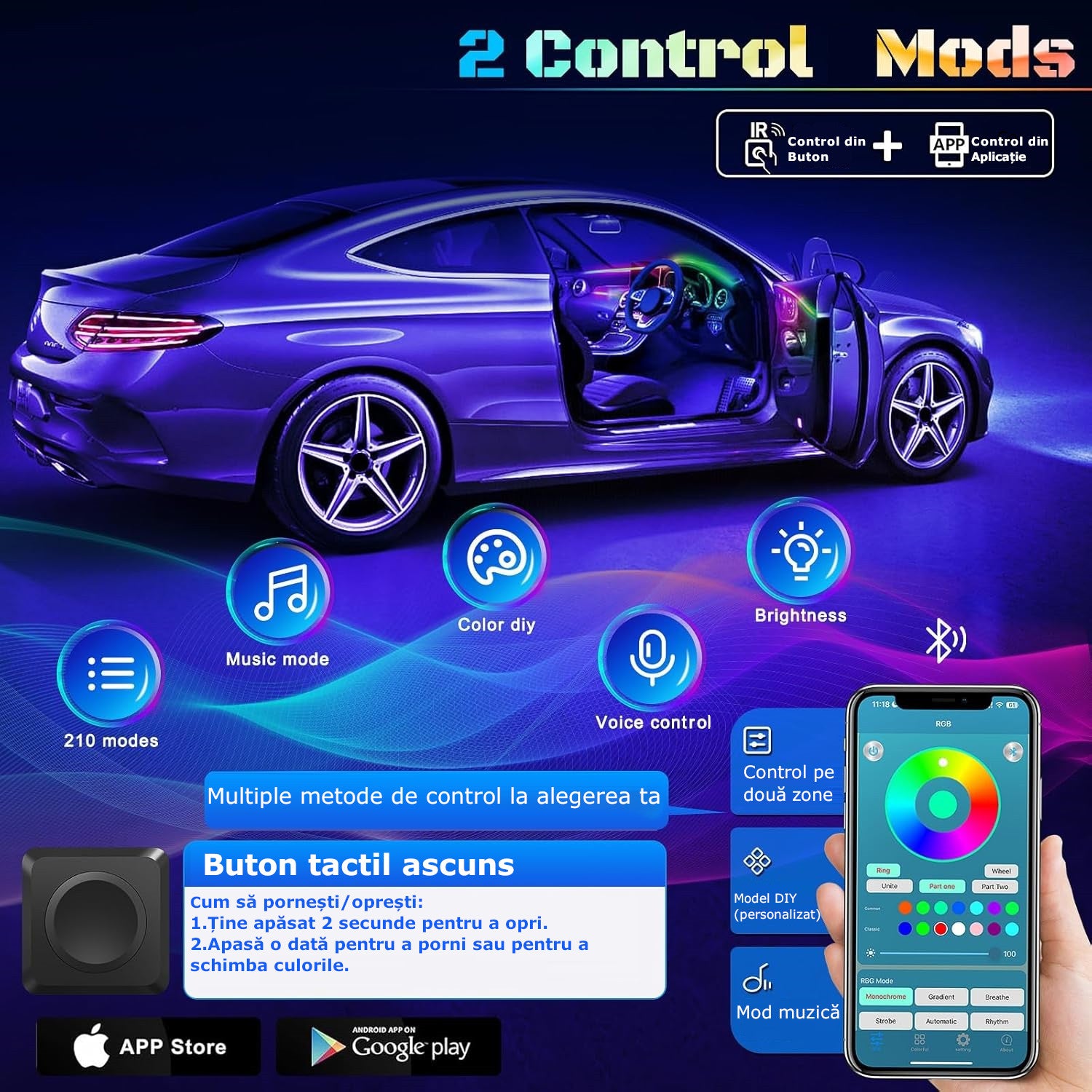 Kit Lumini Ambientale 18 In 1 RGB Dinamice, Control Bluetooth